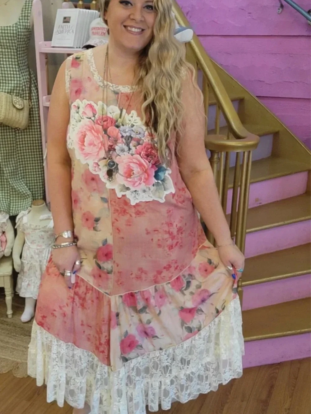NEW Pink Floral Lace-Trim Maxi Dress — Romantic Sleeveless Gown Size 2X BRB SL - Picture 8 of 14
